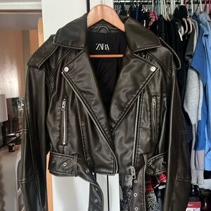 Zara brown faux leather moto jacket